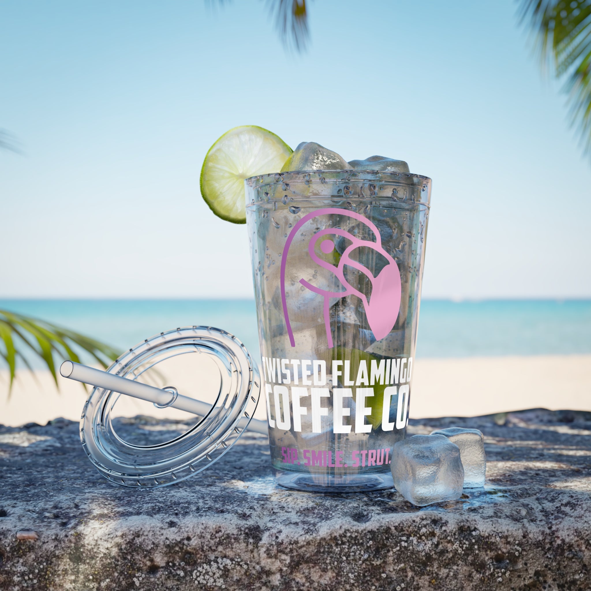 Flamingo Sip Tumbler - 16oz Clear Travel Cup with Straw