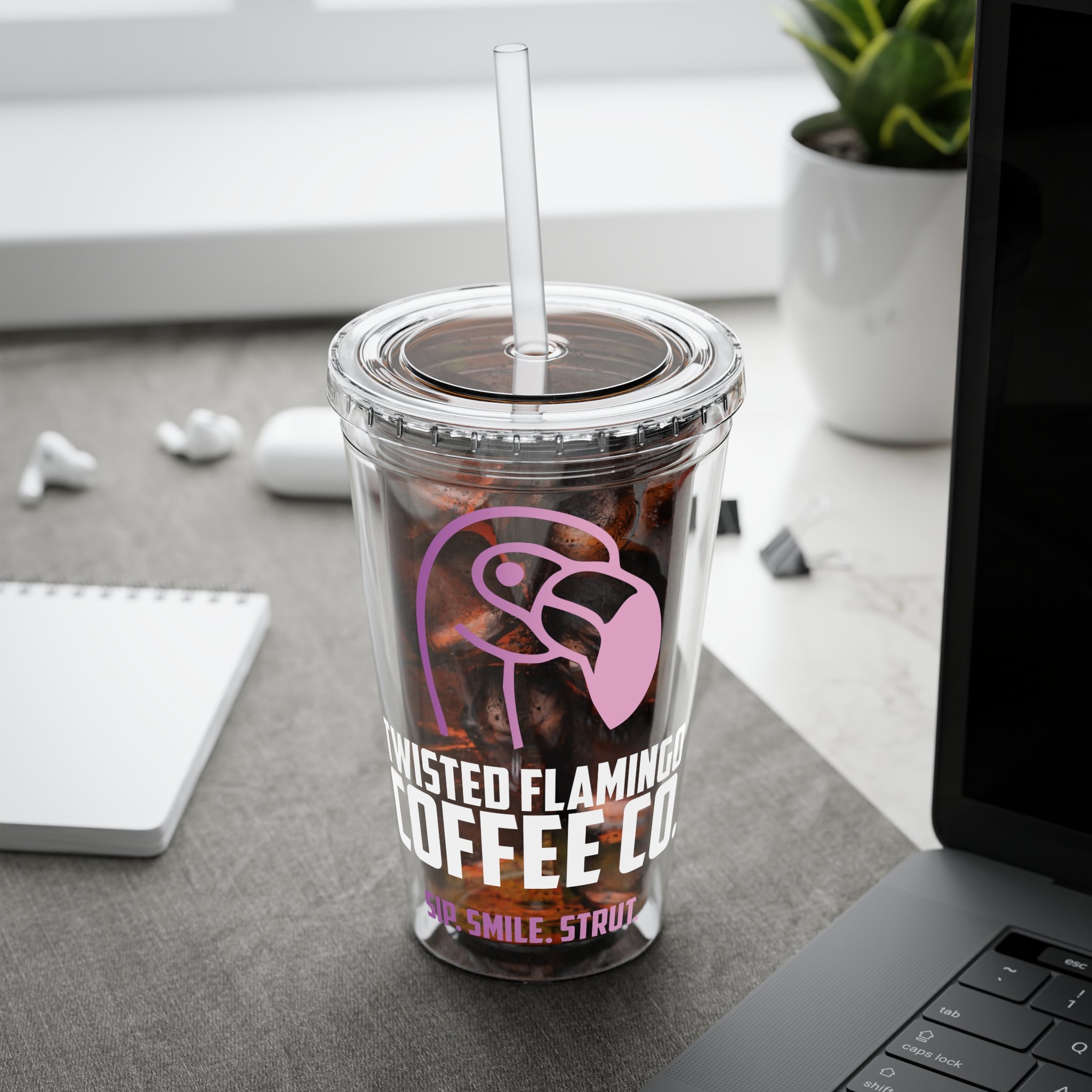 Flamingo Sip Tumbler - 16oz Clear Travel Cup with Straw
