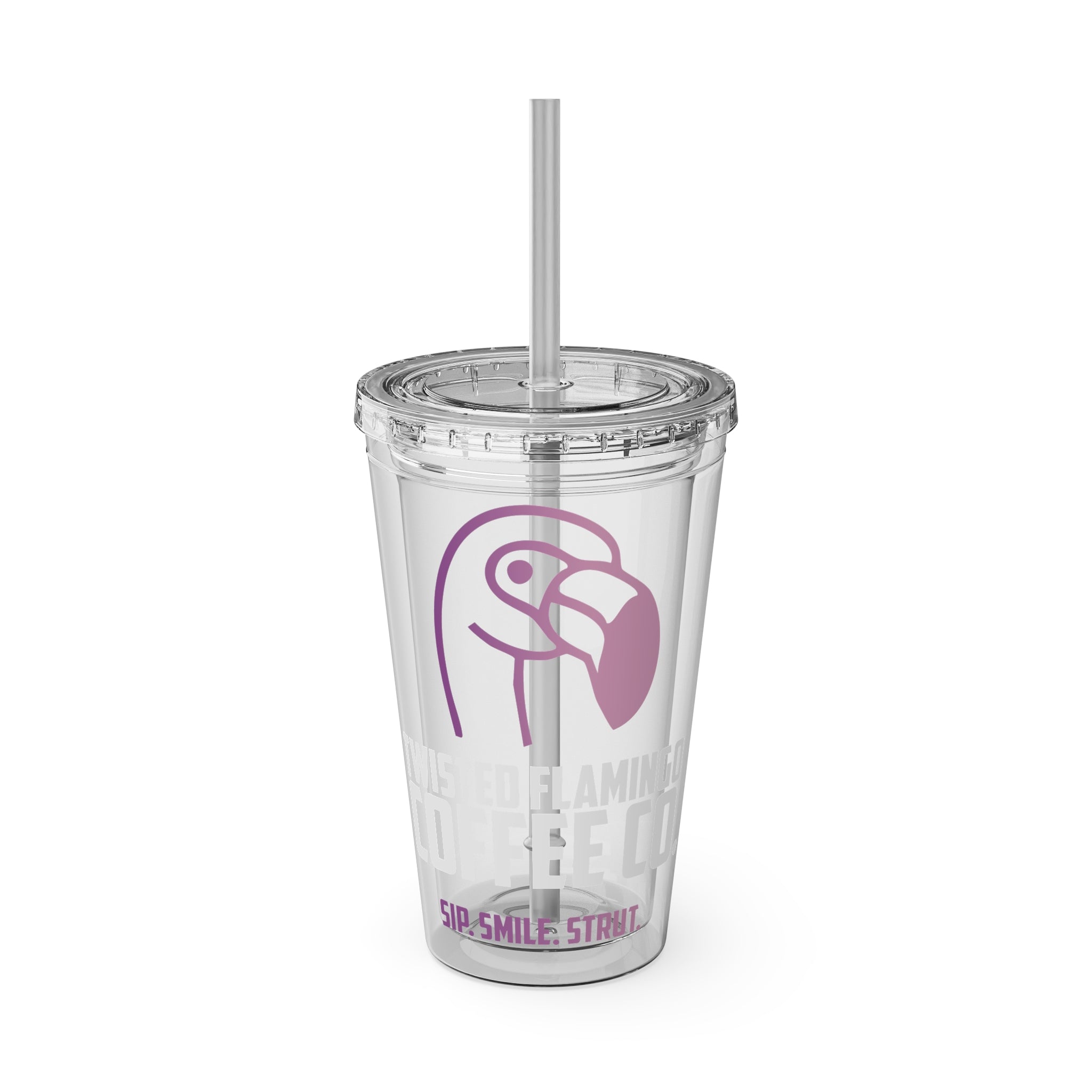 Flamingo Sip Tumbler - 16oz Clear Travel Cup with Straw